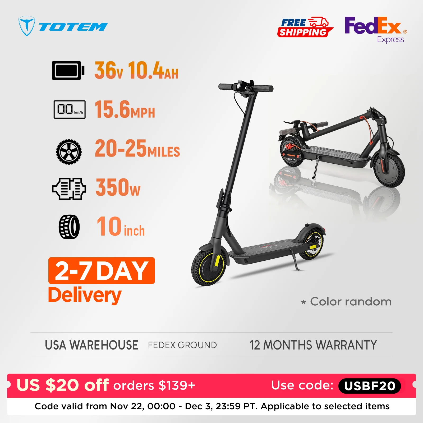 Electric Scooter Moped 21MPH 37.5 Miles 36v 350w 10 Inch 10Ah Foldable Mobility Escooter Front Suspension US Warehouse