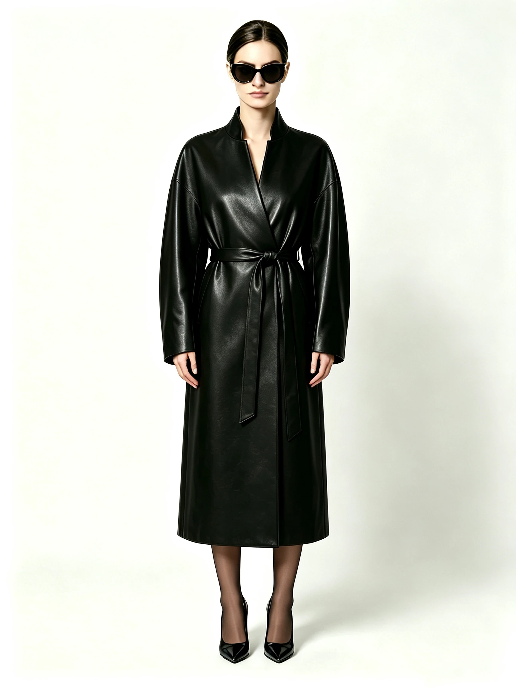 Women's Long Faux Leather Trench Coat with Belted Waist and Minimalist Collar