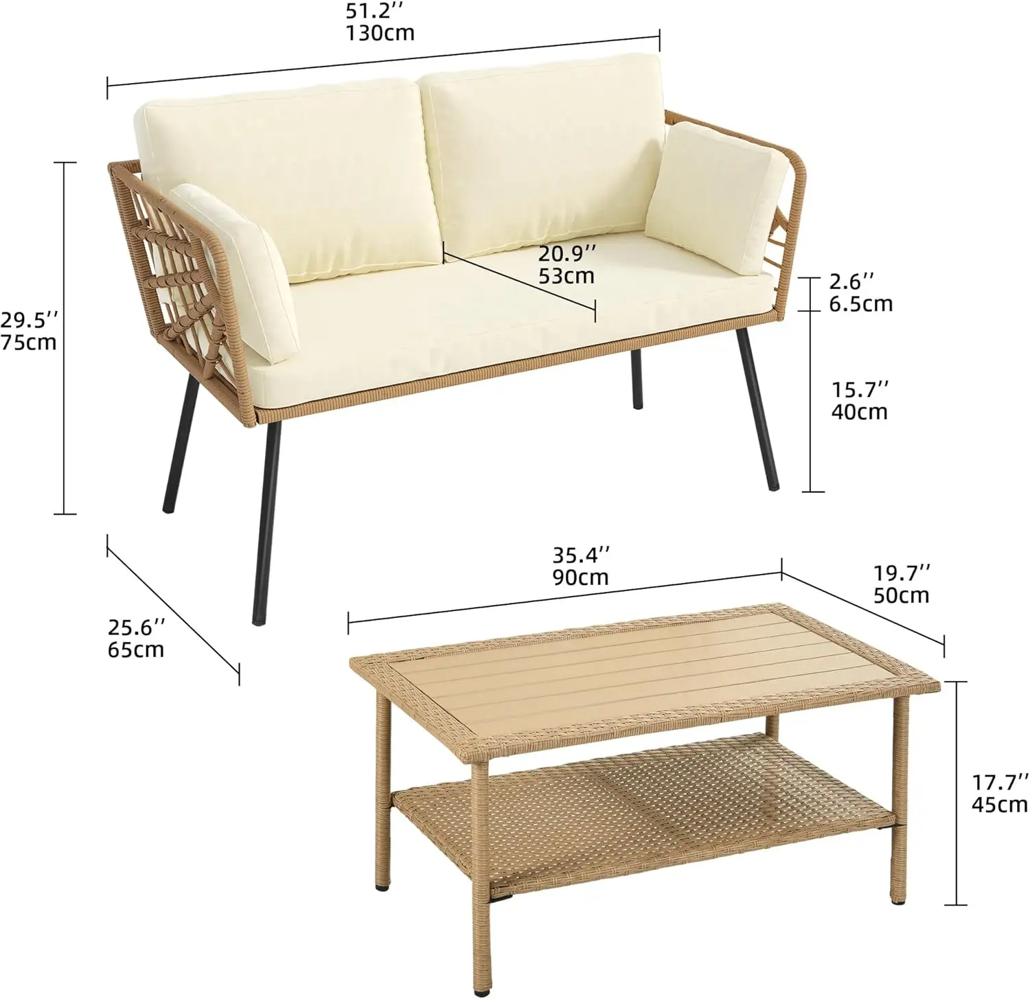 2 Pieces Patio Furniture Set, All-Weather Wicker Loveseat with Thick Cushions & Rattan Table, Outdoor Conversation Set