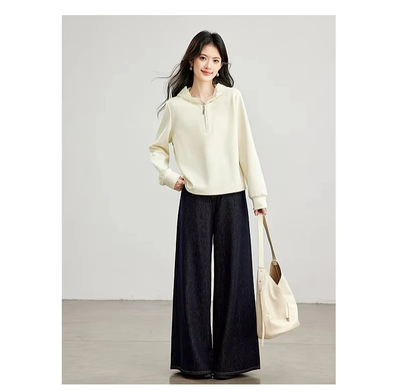 VIMLY Women's Hooded Sweatshirt 2026 Autumn Elegant Lace Trim Splicing Casual Pullover Fashion Long Sleeve Top Ladies A7628