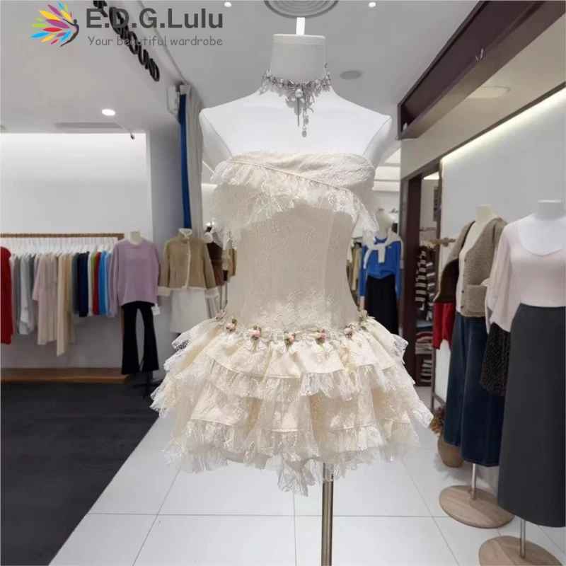 

EDGLuLu Sexy Backless Strapless Dresses For Women Hollow Embroidery Lace Splicing Irregular Cascading Lotus White Dress 0109