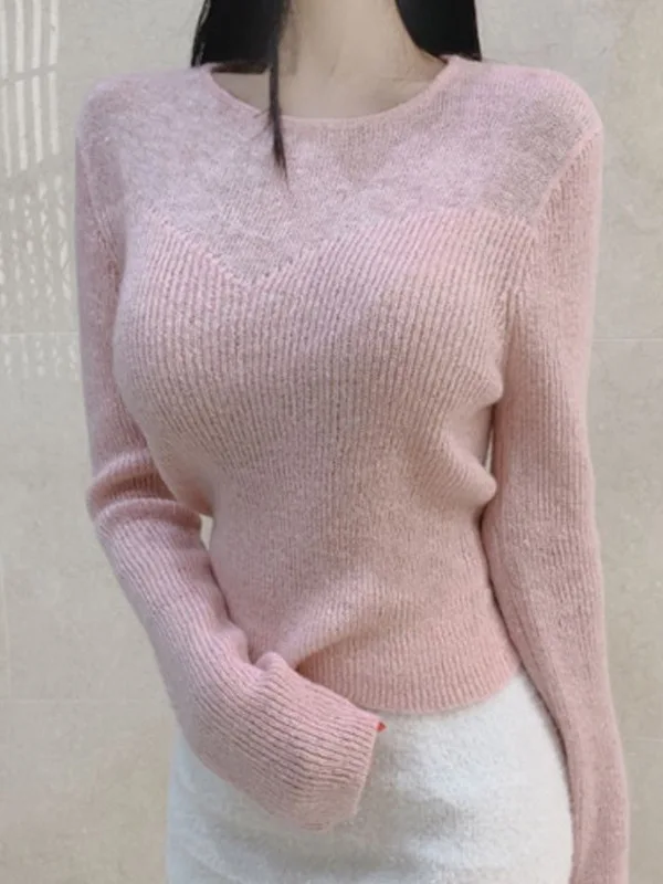 2024 Autumn/winter Korean Version New Round Neck Long Sleeve Pullover Women Cinching Waist Solid Slim Knitted Short Top IJR1