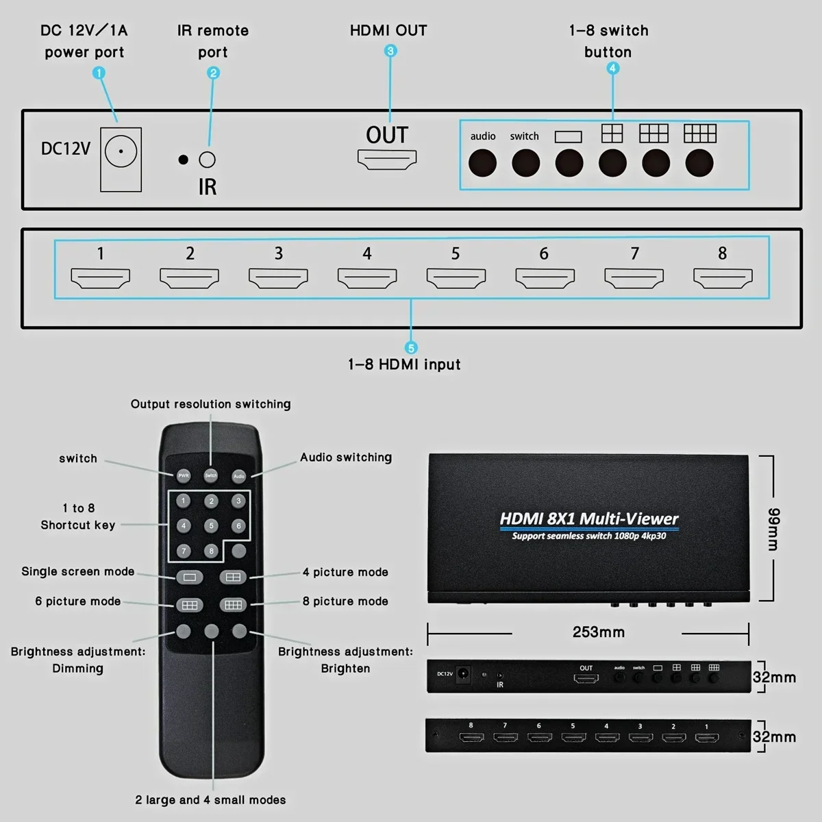 4K 30 Гц 1080p HDMI четырехэкранный мультивар 4x1 8x1 HDMI мультивар 8 в 1 выход бесшовный переключатель разделитель экрана 6 режимов отображения
