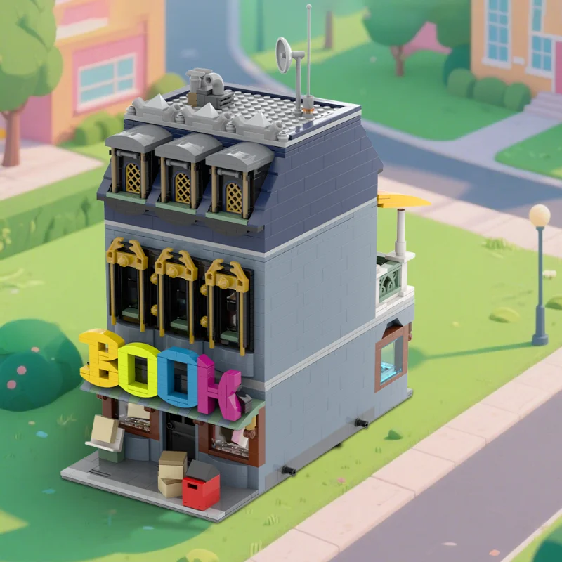 Blocs de construction MOC, Expert créatif, petite librairie, vue sur la rue, appartement, magasin, Architecture, modèle modulaire, jouet cadeau, 1975 pièces