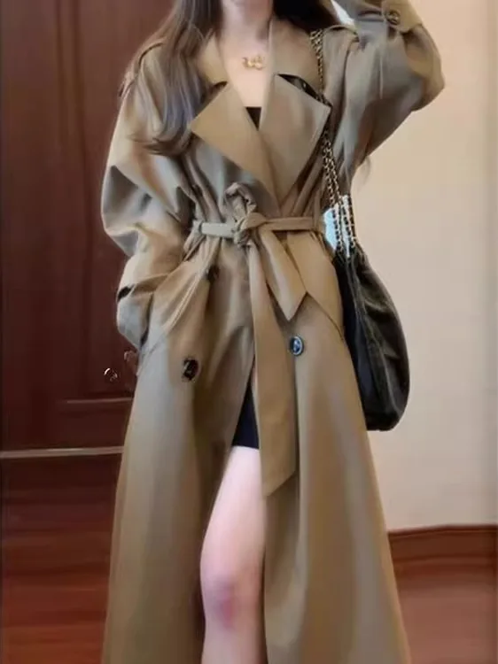 

Elegant Double-Breasted Long Khaki Coat Women's Fashion Autumn 2025 New Vintage Design Sense Commute Korean Style Polyester F...