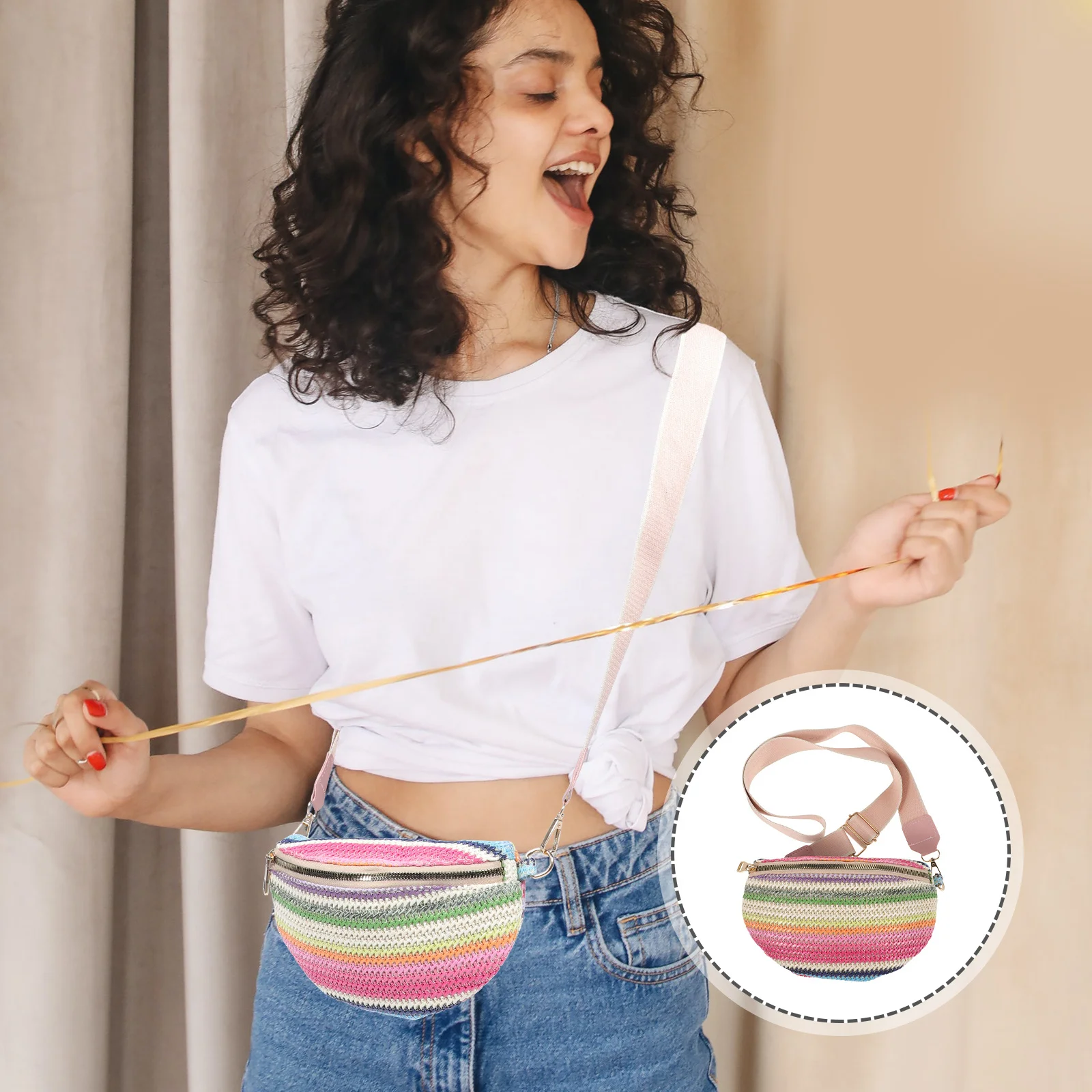 

Bohemian Fanny Pack Waist Belt Bag Small Woven Chest Pouch Lightweight Outdoor Waist Bag for Travel Daily Use Women