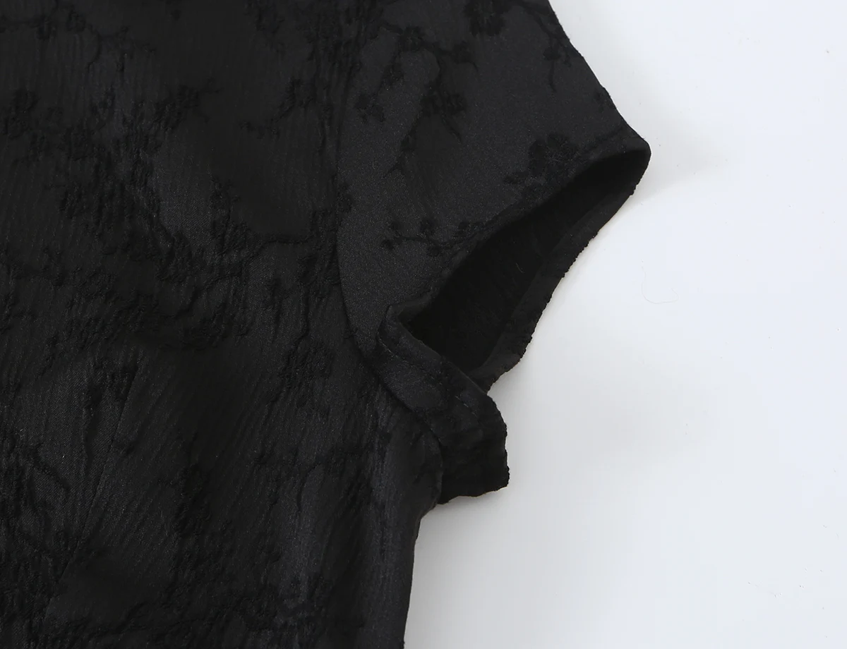 BSAY Vintage Neue Chinesische Damen-Bluse mit Jacquard-Muster, Stehkragen, Froschknöpfen, Schlüssellochausschnitt, Kurzärmeln und Schmaler Passform für Casual-Looks – Detail 7