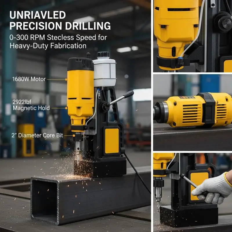 Stepless Speed Magnetic Drilling Machine 2x2 Inch For Metal Fabrication Bridge Construction Railway Engineering, 1680W 2922lbf Boring Tool 300RPM Yellow Black Heavy Duty Industrial Press