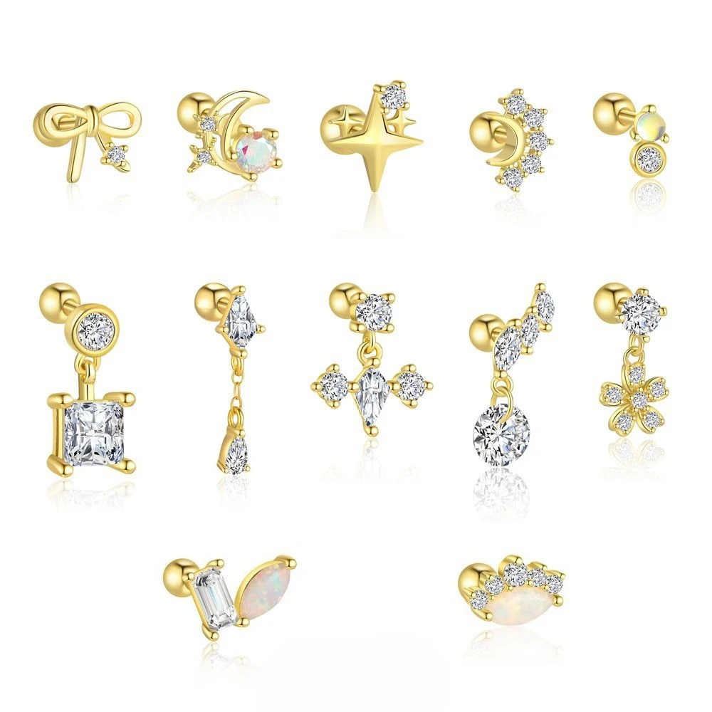 

S925 Sterling Silver Star and Moon Zircon Round Stud Earrings for Women, Light Luxury Niche Design Opal Earrings.