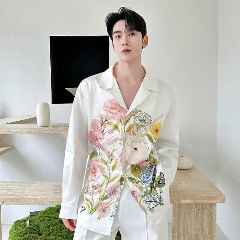 WVGA 2026 Spring Summer New Man Trendy Printed Pearl Inlaid Diamond Turn-Down Collar Long Sleeve Shirts Niche Casual Tops W20501