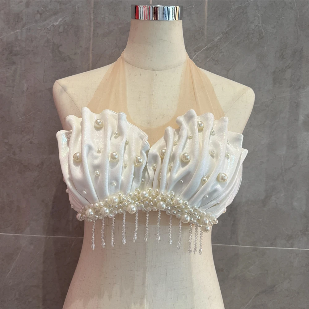 Women's Shiny Pearl Bikini with Tassels Sexy Beachwear Pleated Bra with Mesh Halter Swimsuit Role-Playing Pool Party Outfit