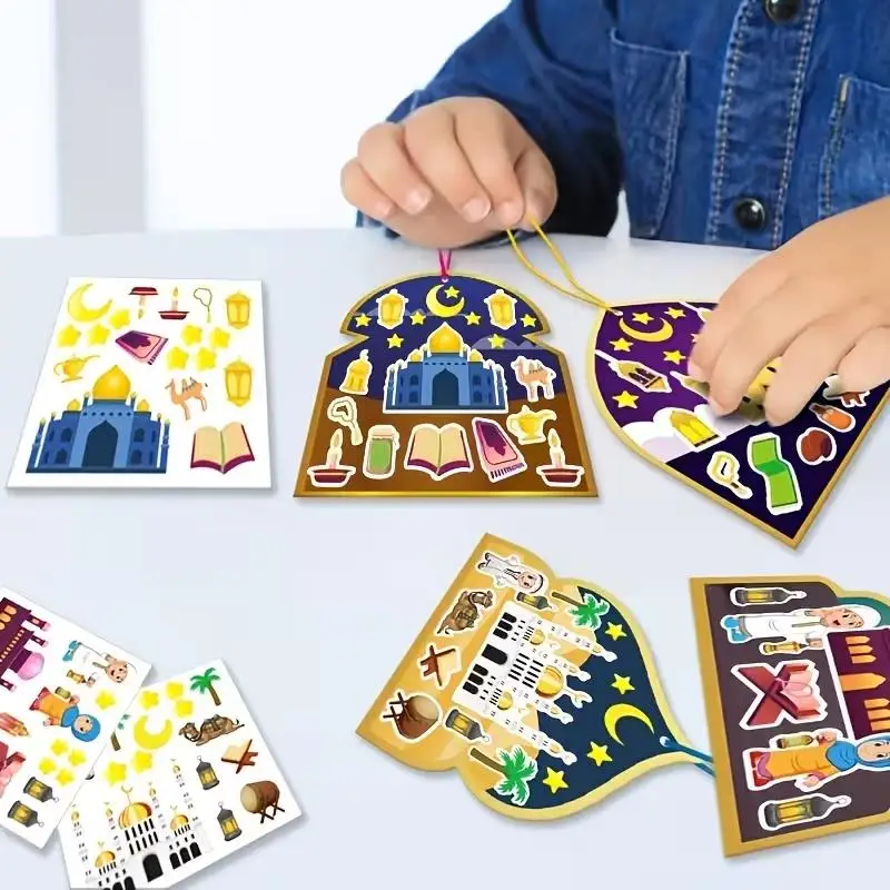 36 Stück Eid Mubarak DIY Szenenaufkleber mit Band-Kits Ramadan Kinder Geschenk Islam Muslim Party Heimdekoration Hängendes Ornament Handwerk