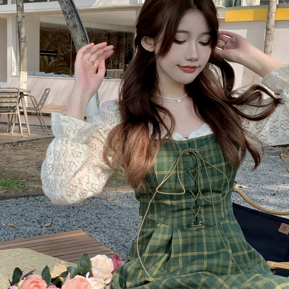 Chic verde falso vestido de duas peças a linha renda flor vestido de manga longa fino ajuste rendas até vestido longo xadrez feminino