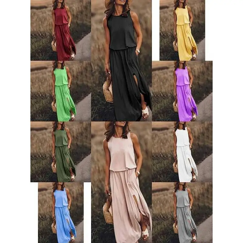 فستان نسائي بدون أكمام برقبة مستديرة متعدد الألوان بتصميم مشقوق، تنورة متوسطة الطول بأسلوب عملي، مصنوع من البوليستر، بدون علا...