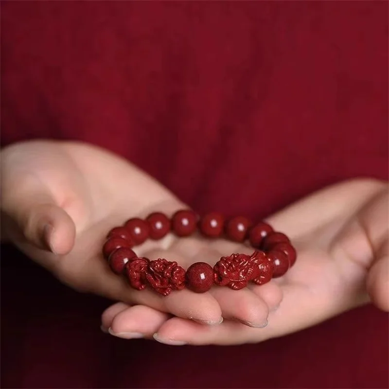 Lucky  Natural Stone Cinnabar Real Bead Pixiu Bracelets Women Men Wealth Protection Hand String Vintage Bangles Gift