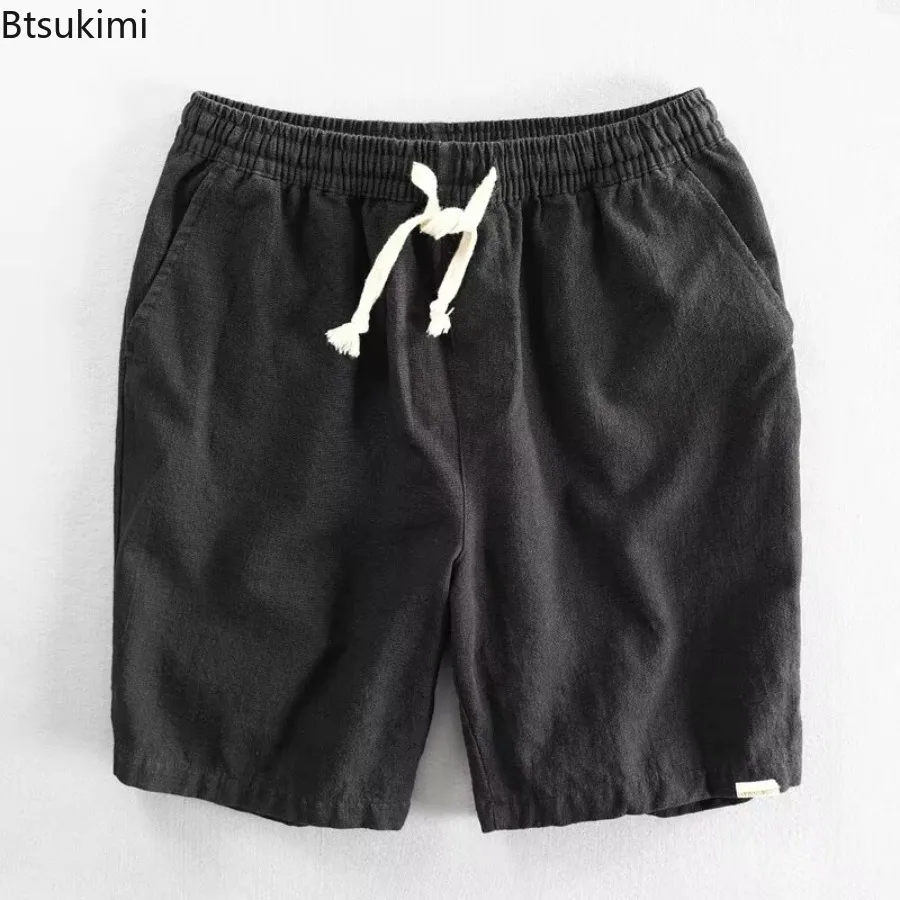 2025 Men's Summer Casual Cotton Linen Shorts Knee Length Beach Elastic Waist Shorts for Men Solid Color Comfortable Pants Male