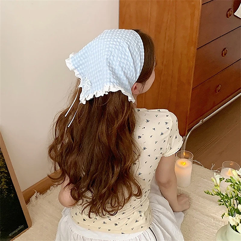 French Lace Hairband Headscarf Pastoral Style Baotou Triangle Headscarf Love Bowknot Sunscreen Silk Scarf