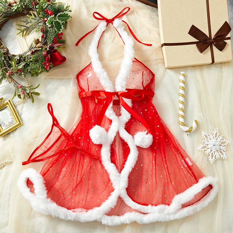 شبه شفافة تألق شبكة مثير الملابس الداخلية النساء عيد الميلاد باس النوم ثونغ منامة مجموعة الإناث فستان بيبي دول المثيرة ازياء #4