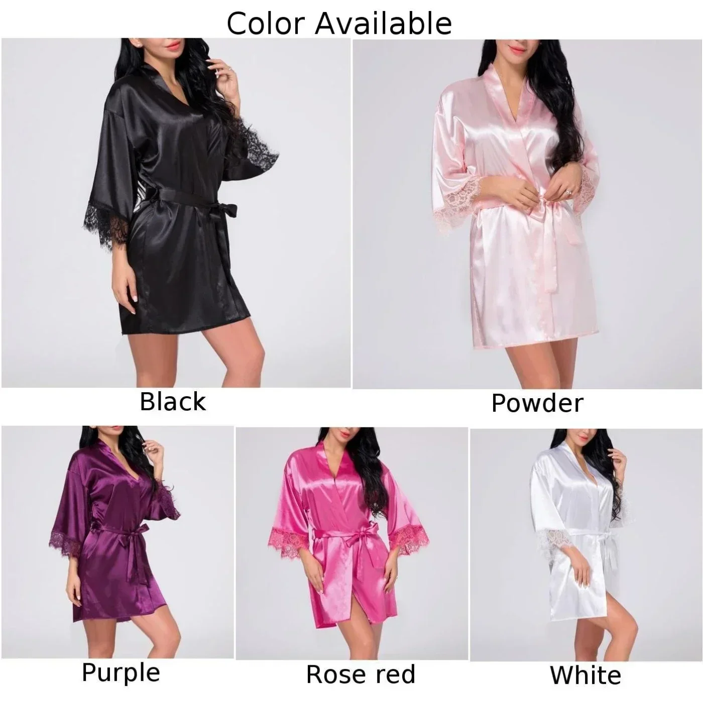 Women Sexy Silk Kimono Satin Dressing Gown Bath Robe Lace Lingerie Nightdress Nighties V-neck Nightdress Nightwear Nightshirt