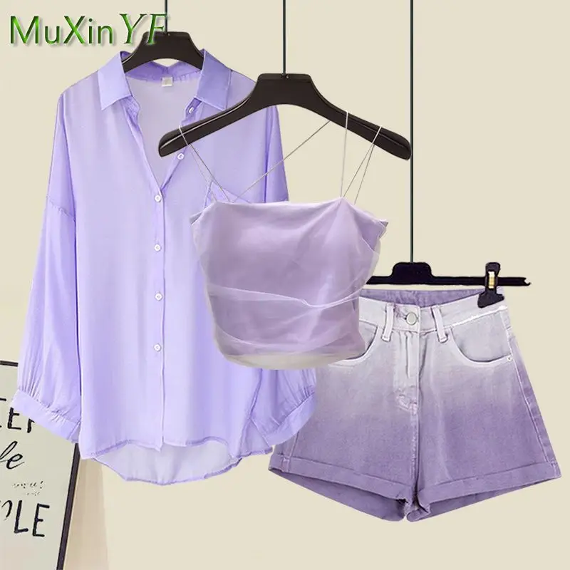 Women\'s Summer New Tracksuit Matching Set Korean Elegant Purple Sunscreen Chiffon Shirt+suspender+denim Shorts Three Piece Suit