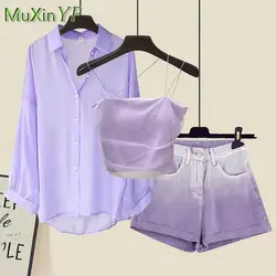 Novedad de verano para mujer, conjunto de chándal a juego, camisa de gasa con protección solar púrpura elegante coreana, tirantes y pantalones cortos de mezclilla, traje de tres piezas