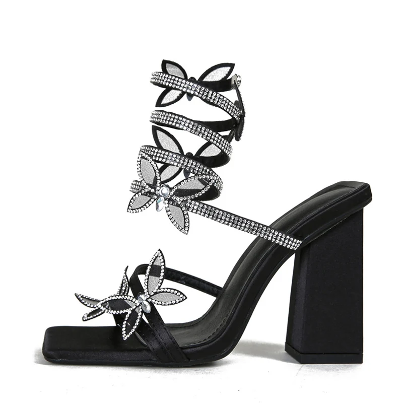 Liyke Fashion Design Crystal Butterfly Snake Coiled Women Sandals Sexy Square Toe Chunky Thick Heels Summer Party Prom Shoes