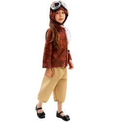 Kids Aviator Costume Vintage Pilot Costume with Hat Scarf for Halloween Party Cosplay Brown 5pcs set