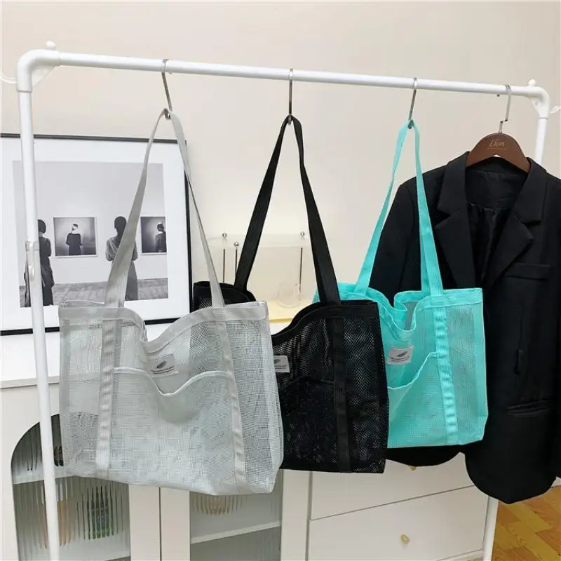 Black Mesh Bag Breathable Large Capacity with Outer Pocket Reusable Tote for Beach Trip Grocery Shopping Outdoor Picnic