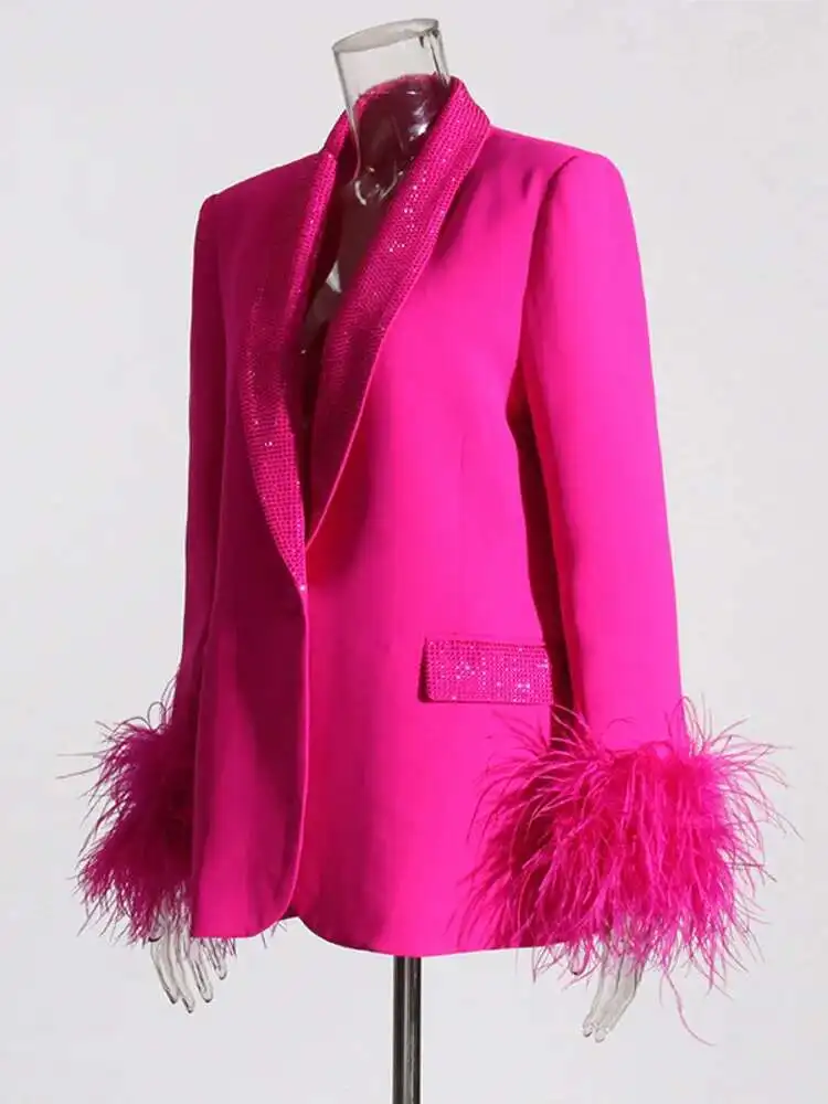 سترة مزينة بالماس مزين بالترتر للنساء ، زر واحد ، تصميم أنيق للأزياء ، لون ثابت ، جديد ، صيف ، XF1980 ،