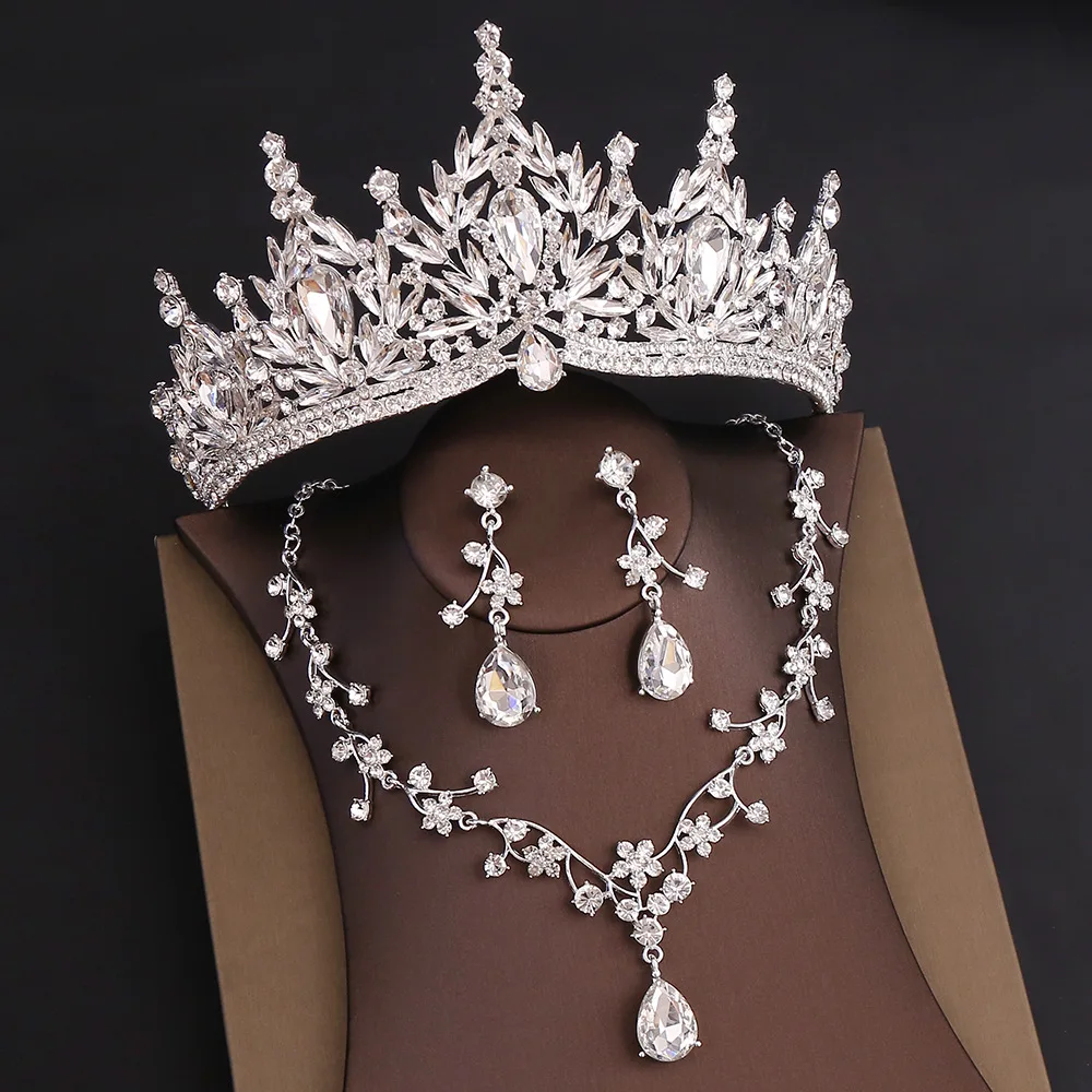 KMVEXO Luxury Colorful Crystal Water Drop Bridal Jewelry Sets Rhinestone Tiara Crown Necklace Earrings Wedding Dubai Jewelry Set