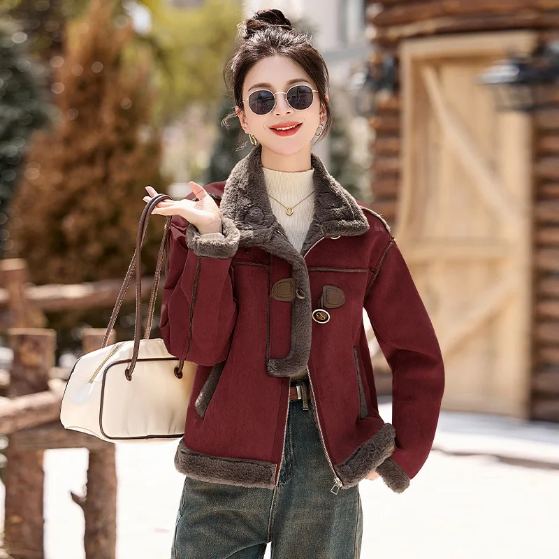 2024 Ankela red fur one-piece jacket for women's autumn and winter short style new small imitation deer fur jacket top