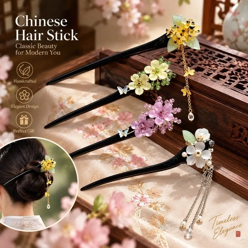 Retro Chinese Style Wood Hair Stick Floral Pattern Elegant Updos Hairpin Traditional Charming Hair Accessory Wedding