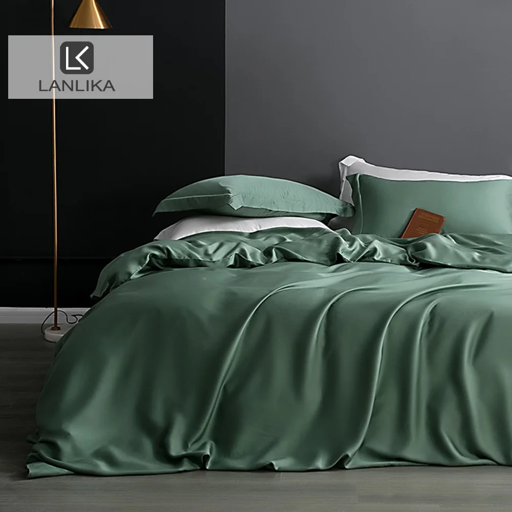 Lanlika Women Noble 100% Silk Green Bedding Set Double Queen King  Duvet Cover Flat Sheet Bed Linen Pillowcase For Sleep Gift