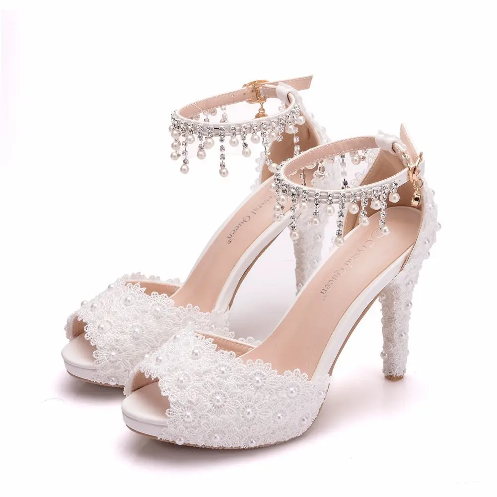 Women High Heel Shoes for Female Pointed Fashion Sandals Lace Pearl Platform PU 10CM Thin Heels Peep Toe Dress Woman Shoes image 6