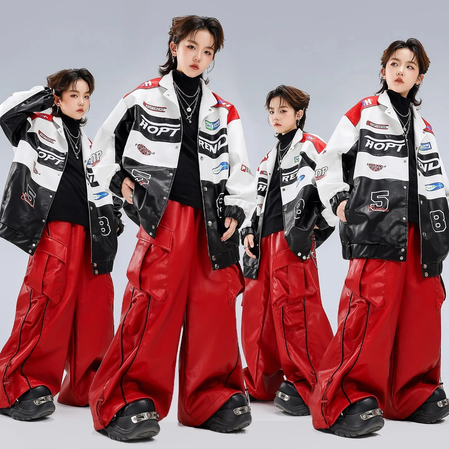 Motorcycle Style Jacket Top Red Cargo Pants Boys Suit Hip Hop Jazz Dance Costumes Practice Street Dance Wear Clothing DQL12159