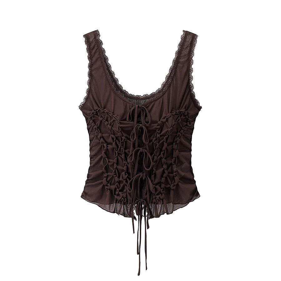 DUOPERI النساء Y2K موضة الصلبة مطوي الدانتيل يصل سليم المناسب بروتيل الأشرطة الخامس الرقبة أنثى شيك سيدة عادية تانك القمم #6