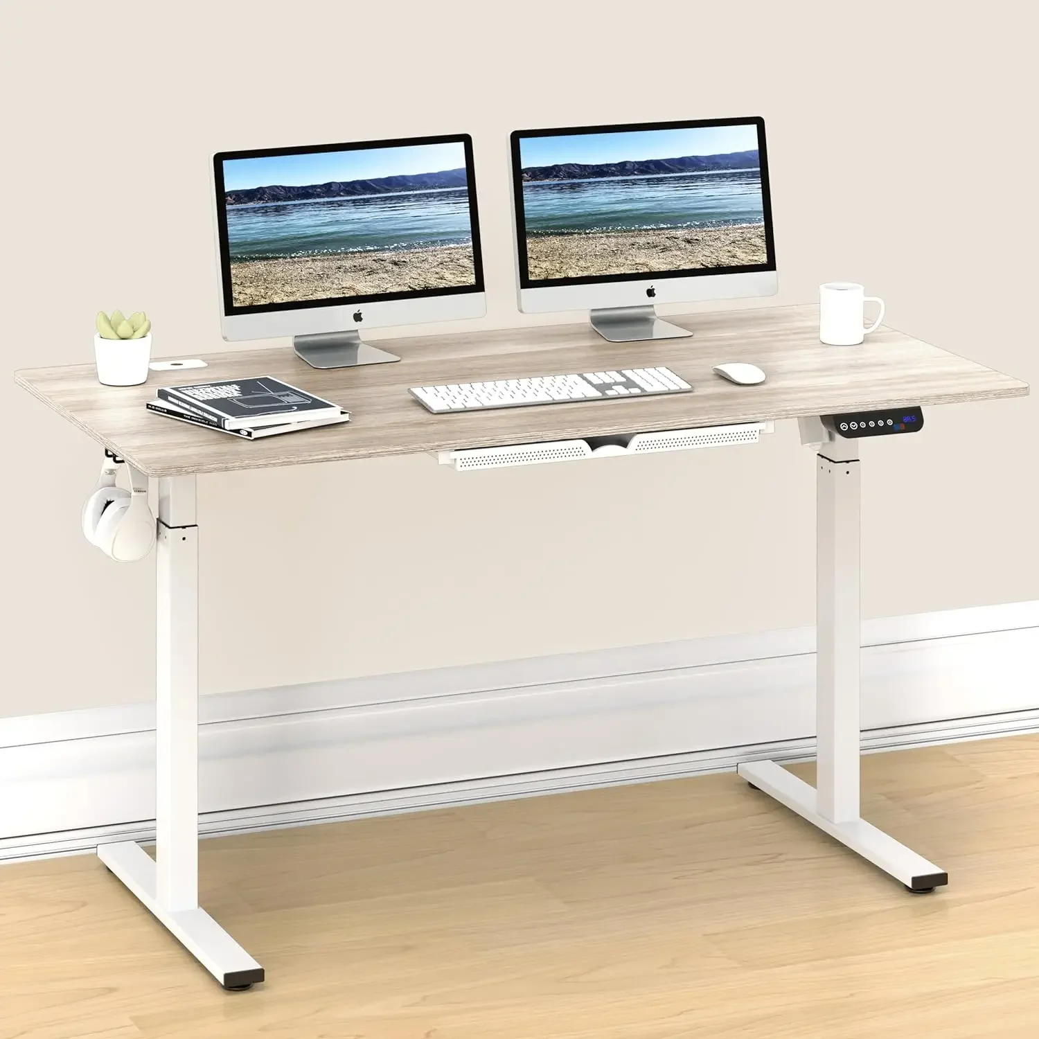 55-Inch Large Electric Height Adjustable Standing Desk, 55 x 28 Inches, Maple