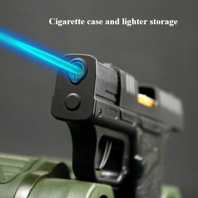 

Портсигар в форме пистолета для кемпинга на открытом воздухе с зажигалкой, ветрозащитная газовая зажигалка с турбопламенем на 3 газовых баллона, мужской гаджет и подарок для курильщиков