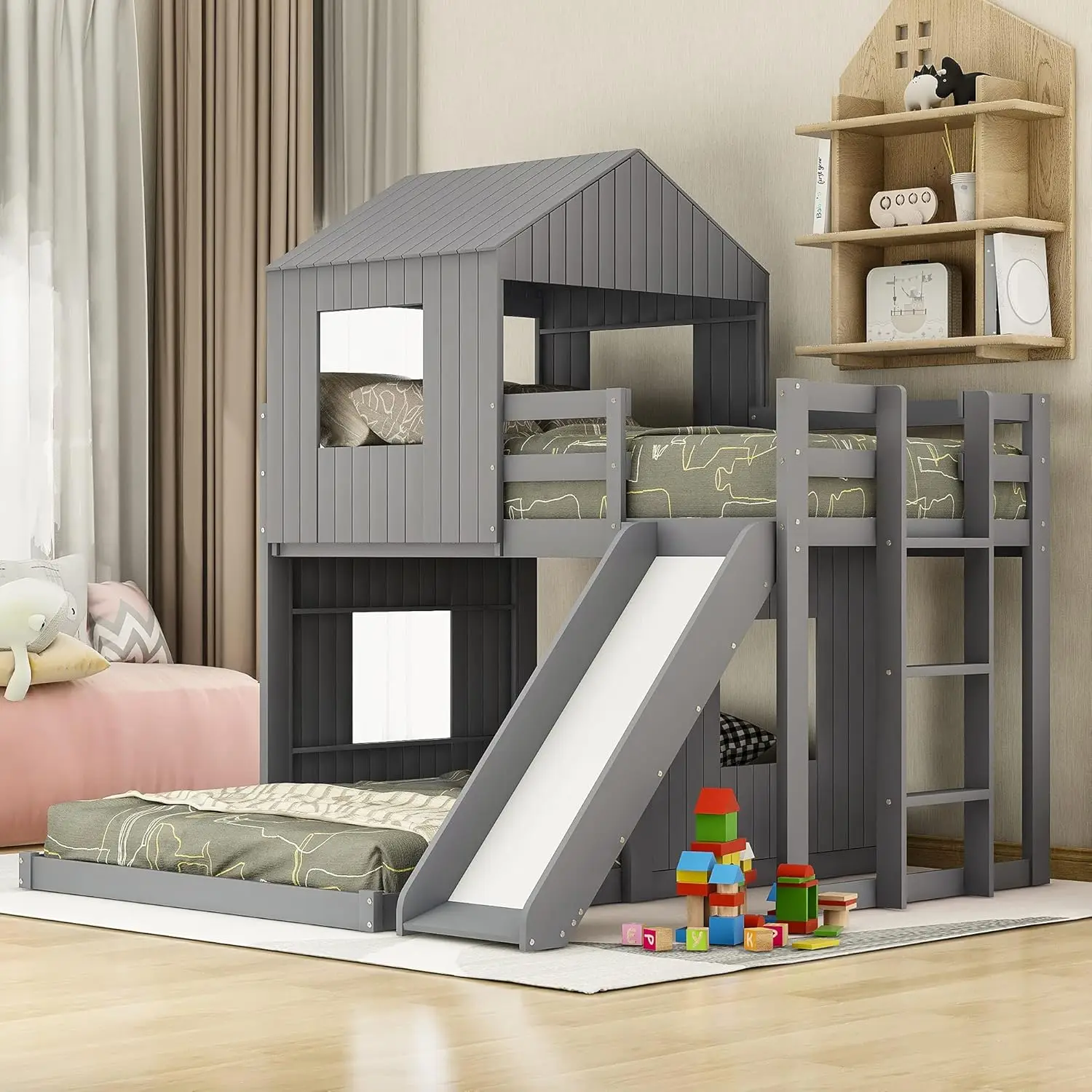 Twin Over Full Bunk Bed Frames Loft Bed with Slide, House Roof, Window and Safety Guardrails for Boys or Girls, Gray