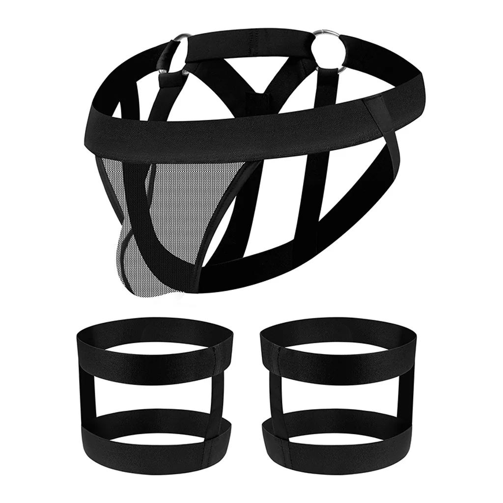 Men's Red Mesh Harness Briefs Set, Elastic Bondage Cuffs & Thong Lingerie Kit
