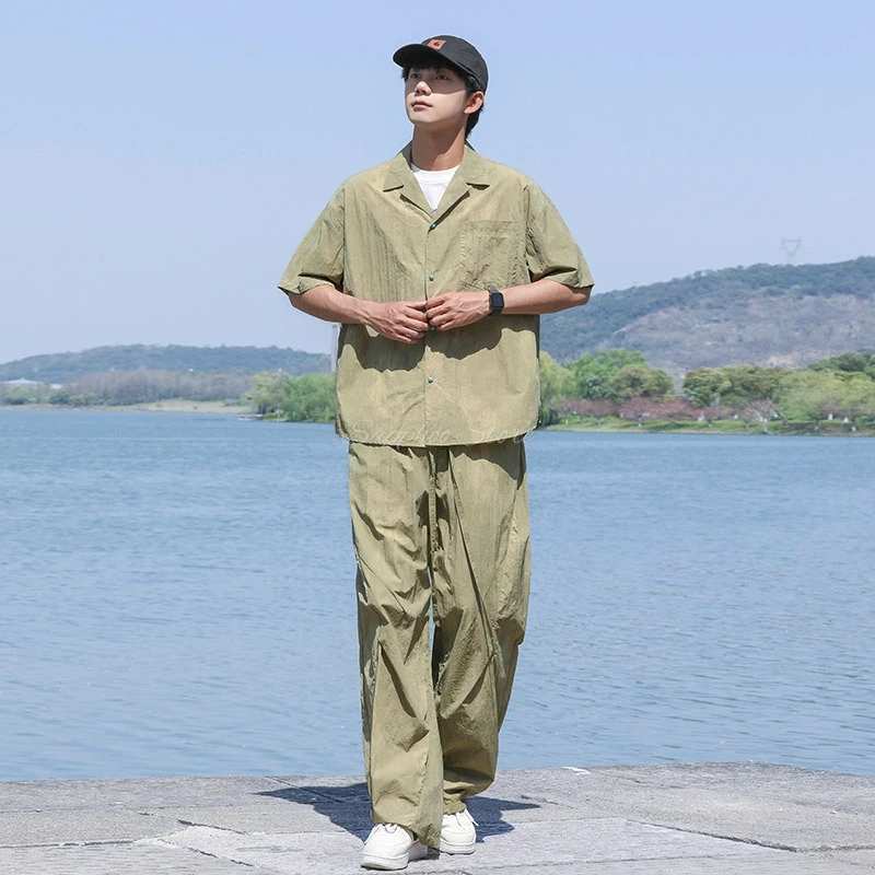2026 Summer Cargo Men M-8XL Plus Size Short Sleeve Shirts Set Lightweight Fashion Casual Solid Color Shirts Male Tops And Pants