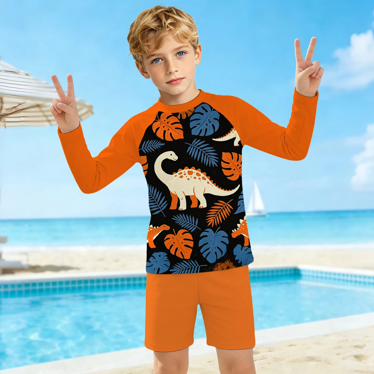 Boys' Summer Dinosaur Fashion Two piece Long sleeved Swimsuit