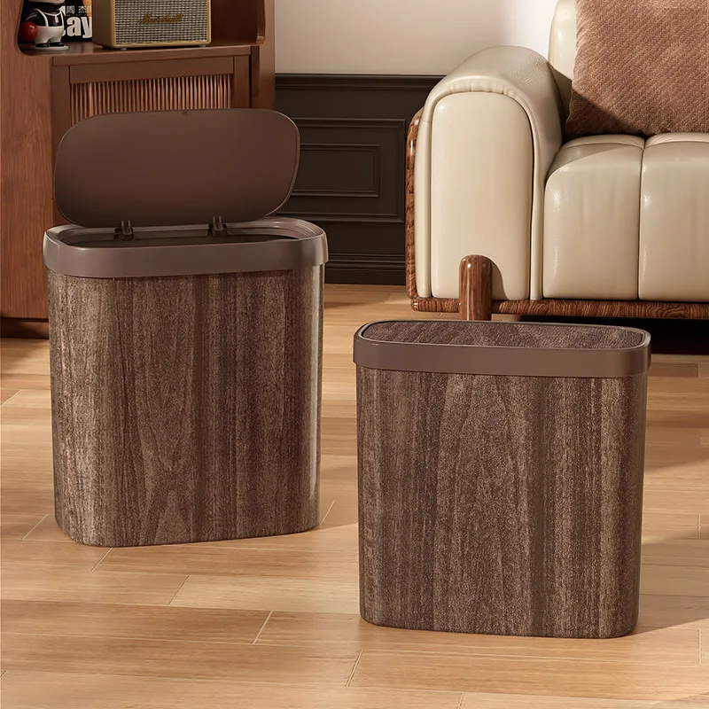 

Retro Imitation Wood Grain Trash Can Household Kitchen Living Room Seam Storage Bucket Creative Press with Lid