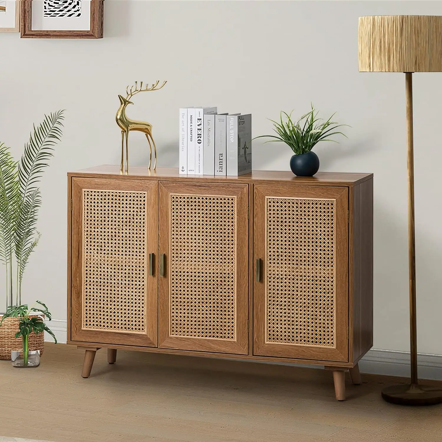 Rattan Storage Cabinet 3-Door 2-Tier Sideboard Buffet Console Table Living Room Entryway Dining Hallway, Customized