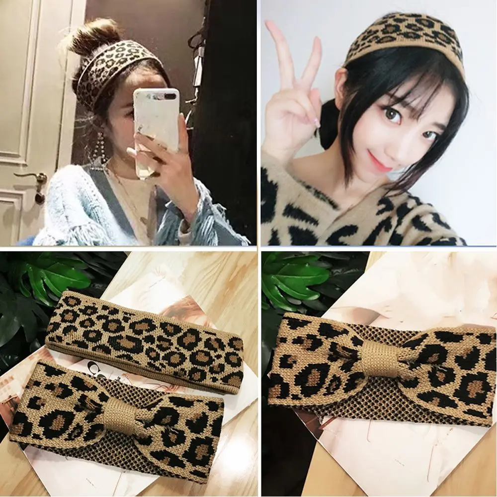 Turbante de leopardo con lazo para el cabello, diadema ancha y cálida de punto para invierno, envoltura para la cabeza de ganchillo