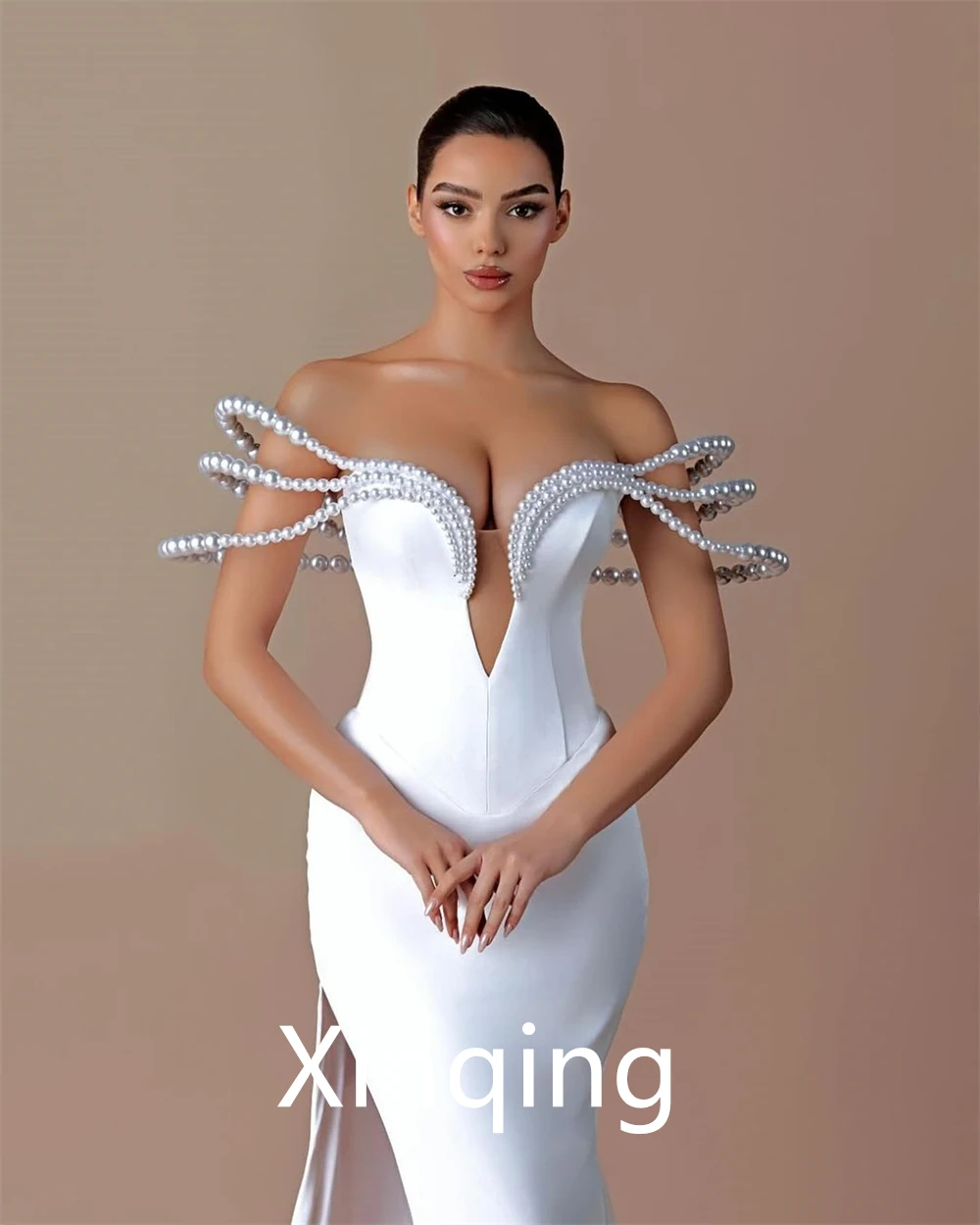 Robes de mariée sirène personnalisées en Jersey blanc, sans bretelles, avec traîne Court, robes de mariée de l'industrie lourde, robes de mariée 2025