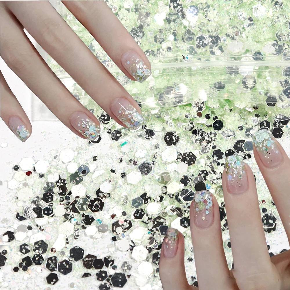 50g Summer Mint mirror Nail Glitter Sequins Mixed Hexagon Chunky Flakes Sparkly Holographic Sequin Powder Manicure Art Decora&*&