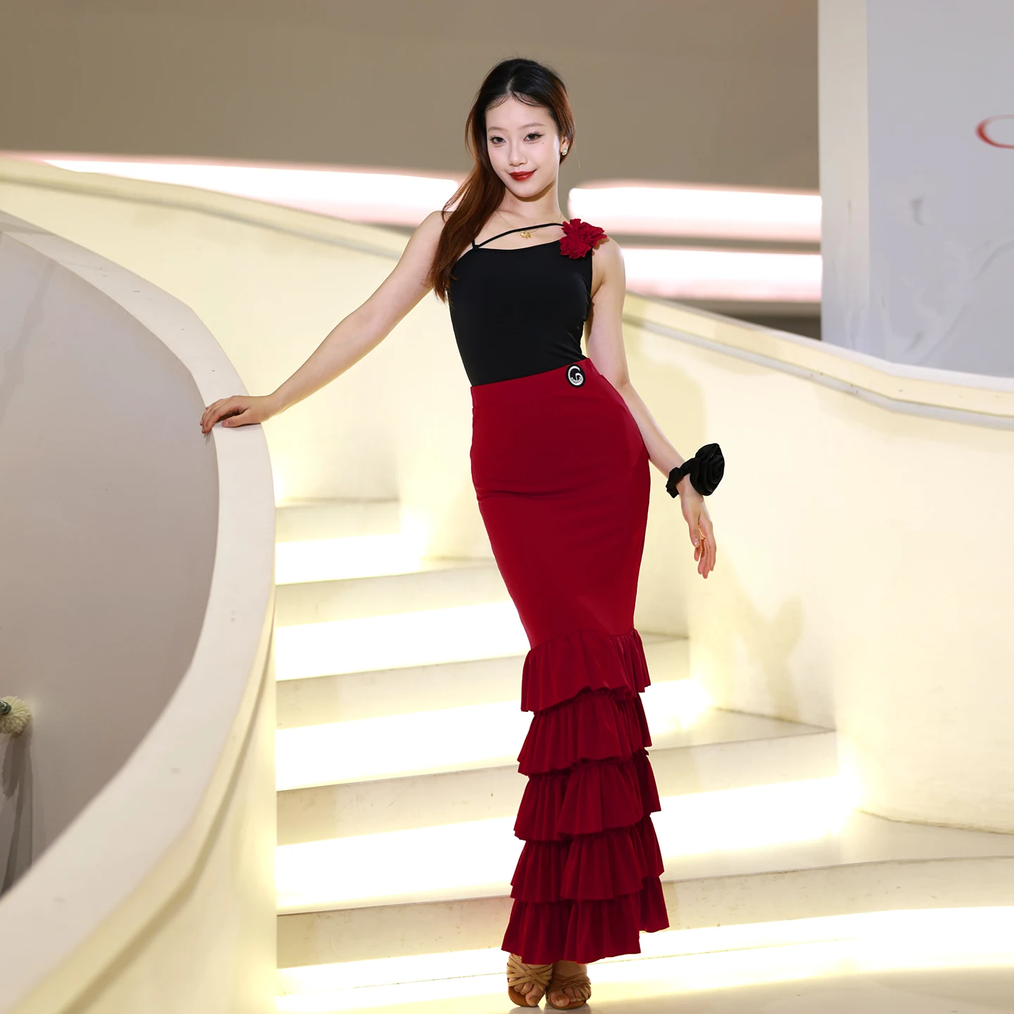 2026 Latin Dance Röcke Für Frauen Flamenco Multi Layered Rüschen Rand Split Langen Rock Samba Chacha Tango Latin Röcke XH3988