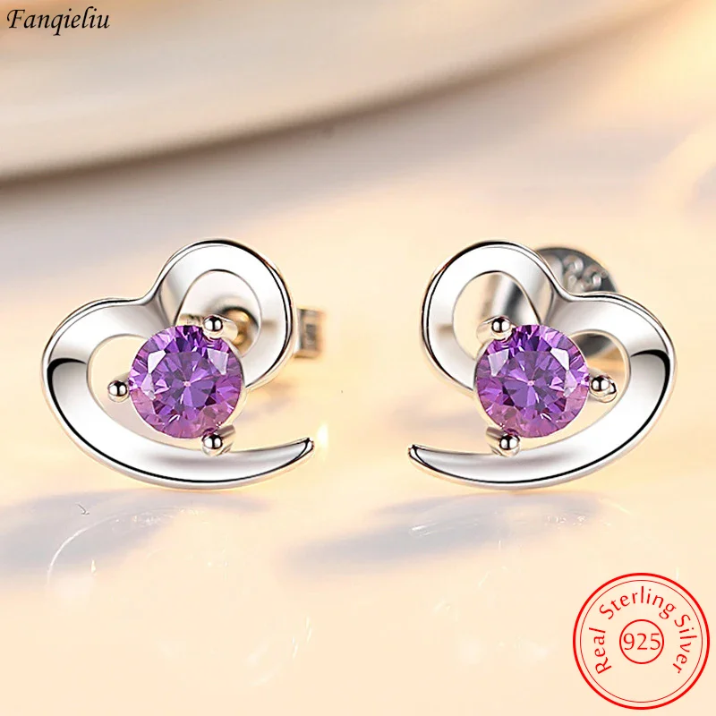 

Fanqieliu Genuine 925 Sterling Silver Women's New Crystal Jewelry Fashion Heart Stud Earrings FQL23687