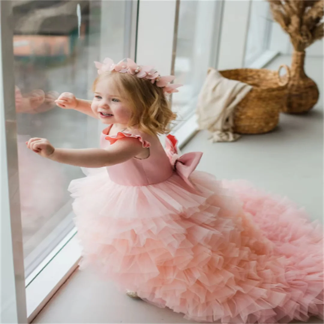 Tulle Tiered Pageant Dress With Train Toddlers Open Back Flower Girl Dresses Infant Kids Satin Bow Communion Party